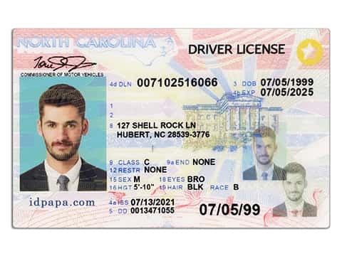 North Carolina driver's license featuring a man's photo, personal details, and the name idpapa