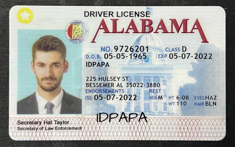 Alabama driver's license for IDPAPA, issued 05-07-2022, with address in Bessemer, AL, and signature of Secretary Hal Taylor