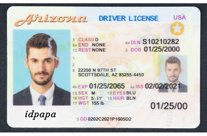 Sample Arizona driver's license with a male photo and ID details labeled idpapa