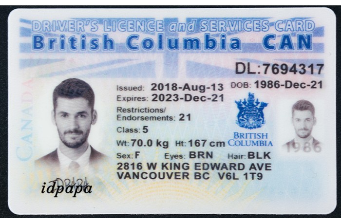 British Columbia  Can driver’s license featuring a male photo and idpapa watermark.