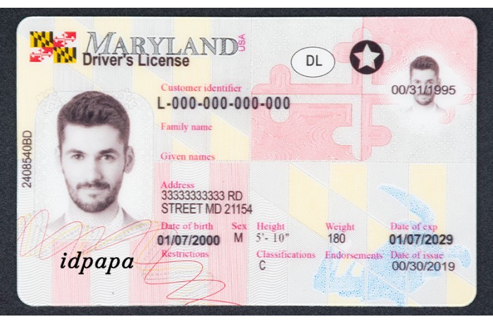 Maryland driver's license showing a man's photo, personal details, and the name idpapa on the card