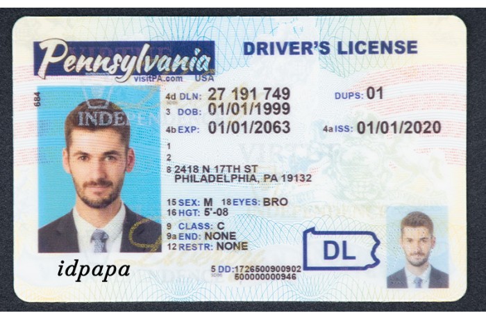 Pennsylvania a novelty Pennsylvania driver's license featuring identification details such as name, address, date of birth, and physical characteristics