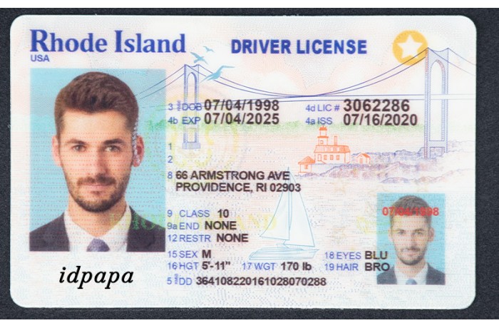 Sample Rhode Island  driver license with a male photo and ID details labeled idpapa