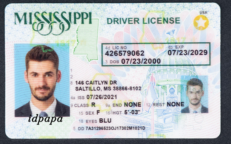 Novelty Mississippi driver’s license with a male photo, ID number 426579062, and expiration date 07/23/2029