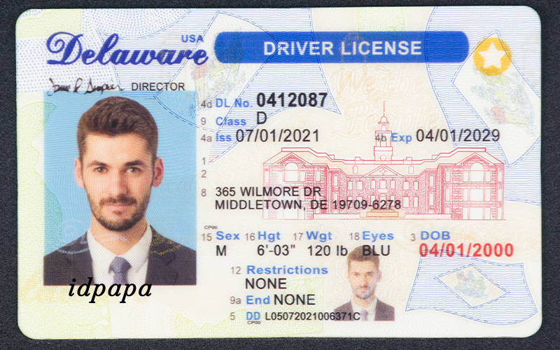 Novelty Delaware driver’s license with a male photo, ID number 0412087, and expiration date 04/01/2029