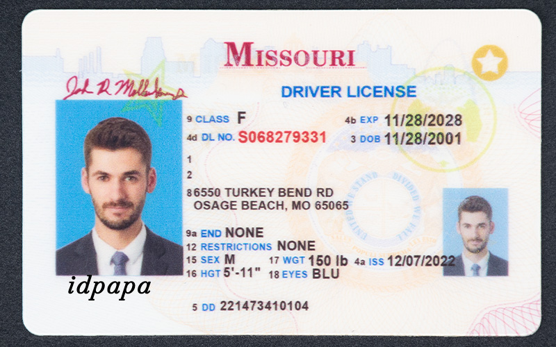 Novelty Missouri driver’s license with a male photo, ID number S068279331, and expiration date 11/28/2028