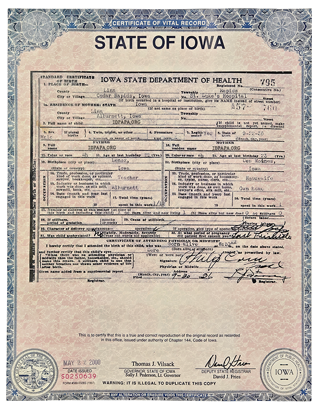 Novelty Iowa Birth Certificate